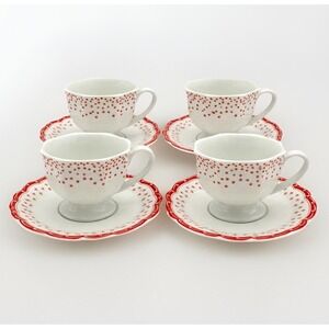 Ballard Designs "Jacqueline" Red Scalloped Porcelain Teacups & Saucers Set of 4